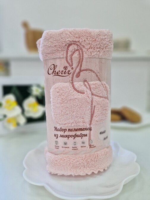 Набор полотенец с вышивкой микрофибра Cherir/Черир <4294012,  2 предмета 36*40+40*60 Фламинго>