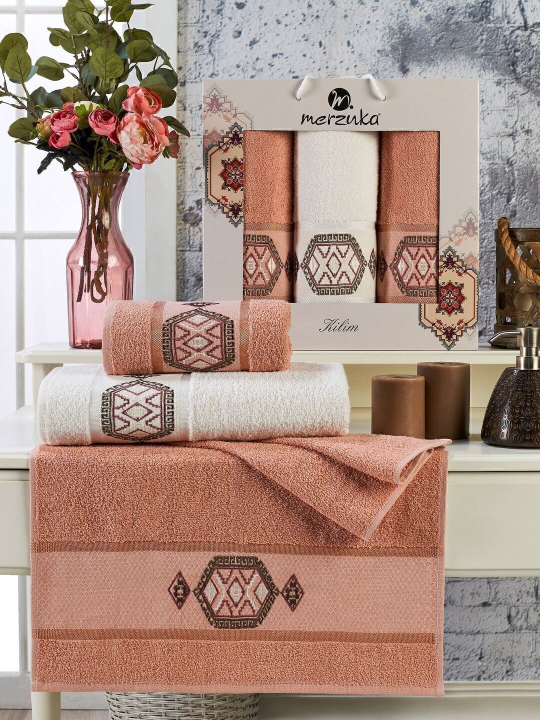 Набор полотенец махровых Kilim Merzuka <3 предмета 50*80-2шт+70*130, оранжевый> (арт.11715,11716)