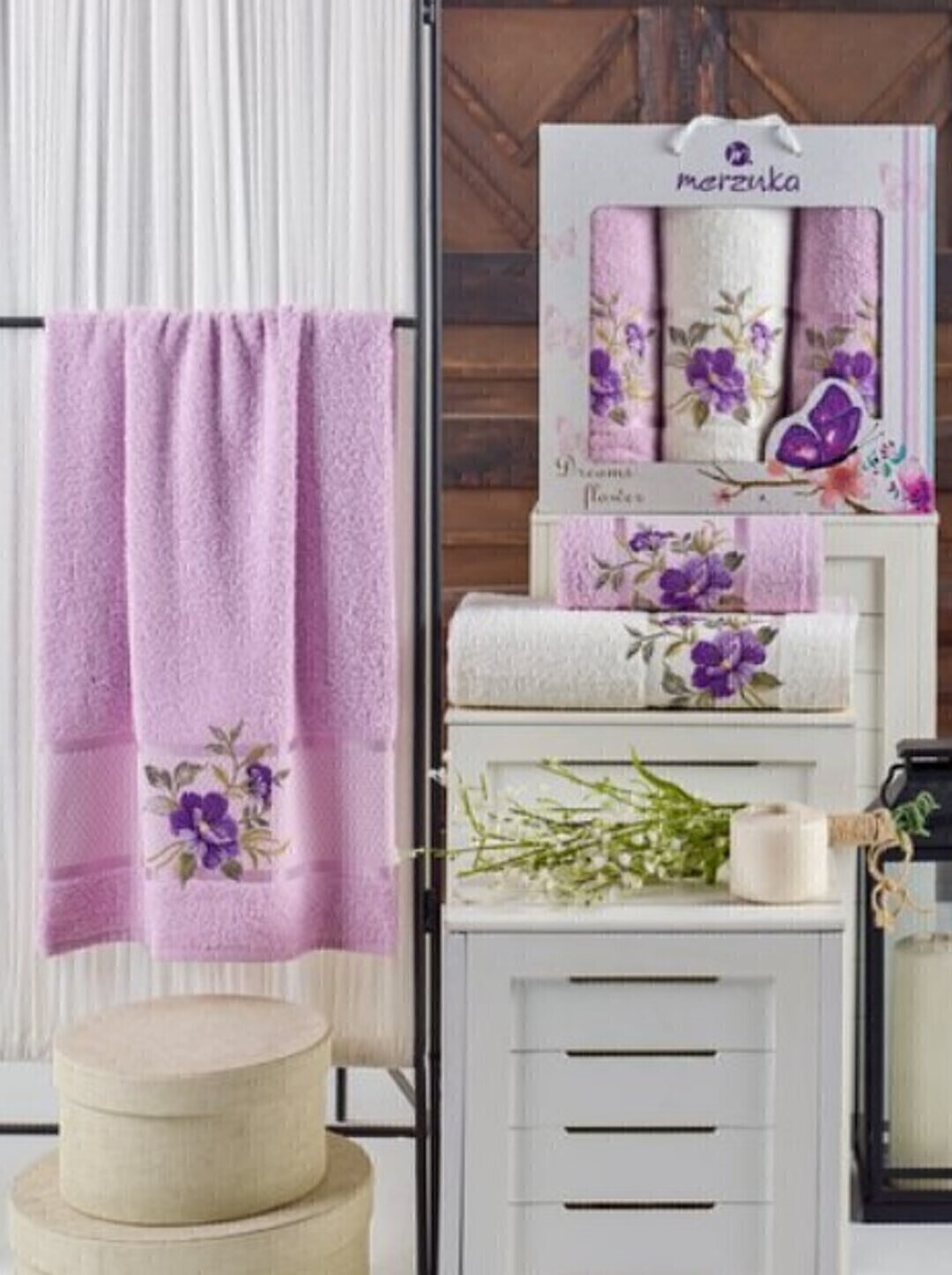 Набор полотенец махровых Dreams Flower Merzuka <3 предмета 50*90-2шт+70*140, сиреневый> (арт.10677, 10678)